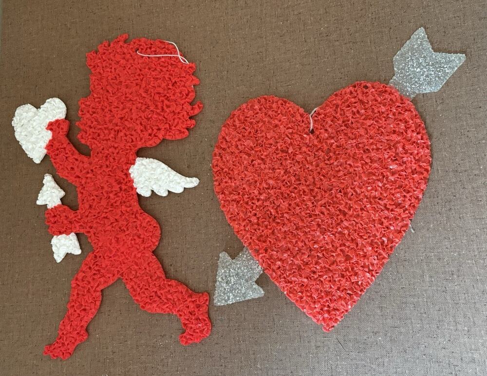 Vintage Melted Plastic Popcorn Cupid Valentine Heart Decoration Set of 2